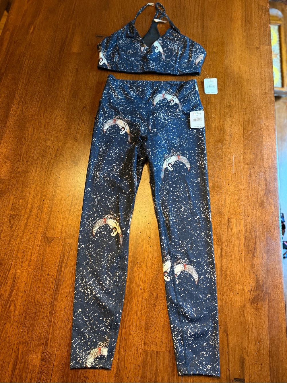 FP Movement by Free People Navy Crane Print Leggings (S) and Sports Bra (M) Set